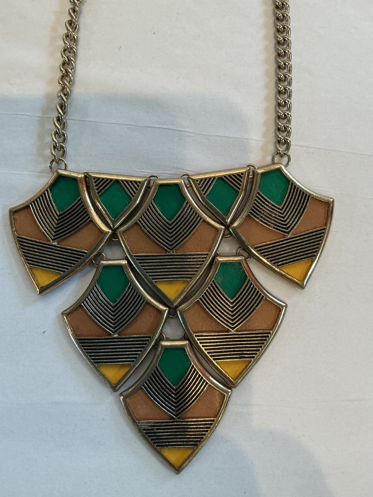 Vintage Art Deco Geometric Bib Statement NECKLACE, fan & chevronm earth tones