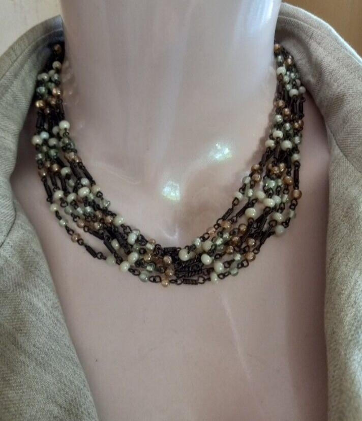 Multi Strand Glass Beads & Wrapped Wire Statement Choker Necklace
