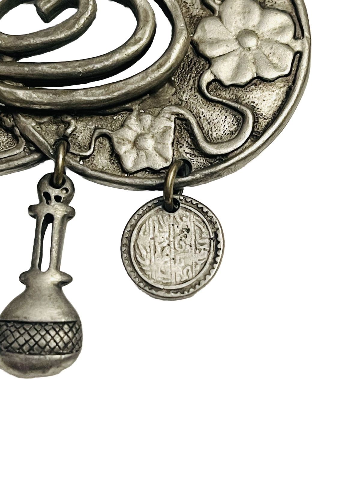 Vintage Renaissance Era Pewter 3 Charm Whimsical Brooch.