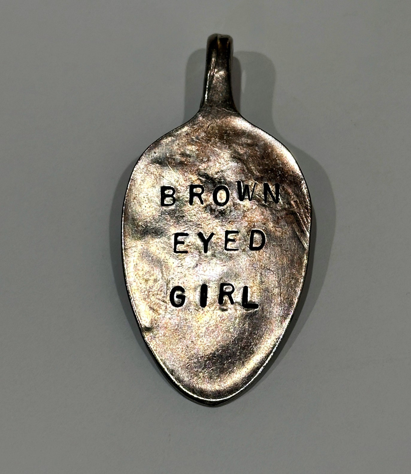 Hand Crafted Silver Plate Engraved Spoon Necklace Pendant Brown Eyed Girl Rogers