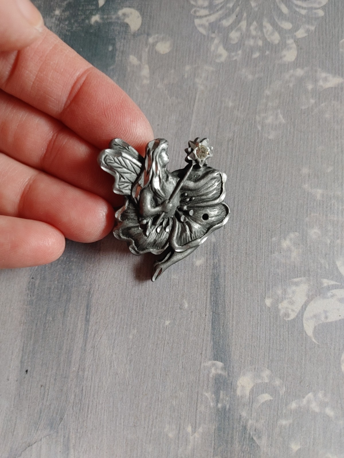 Vintage brooch fairy faerie pewter metal wand crystal rhinestone