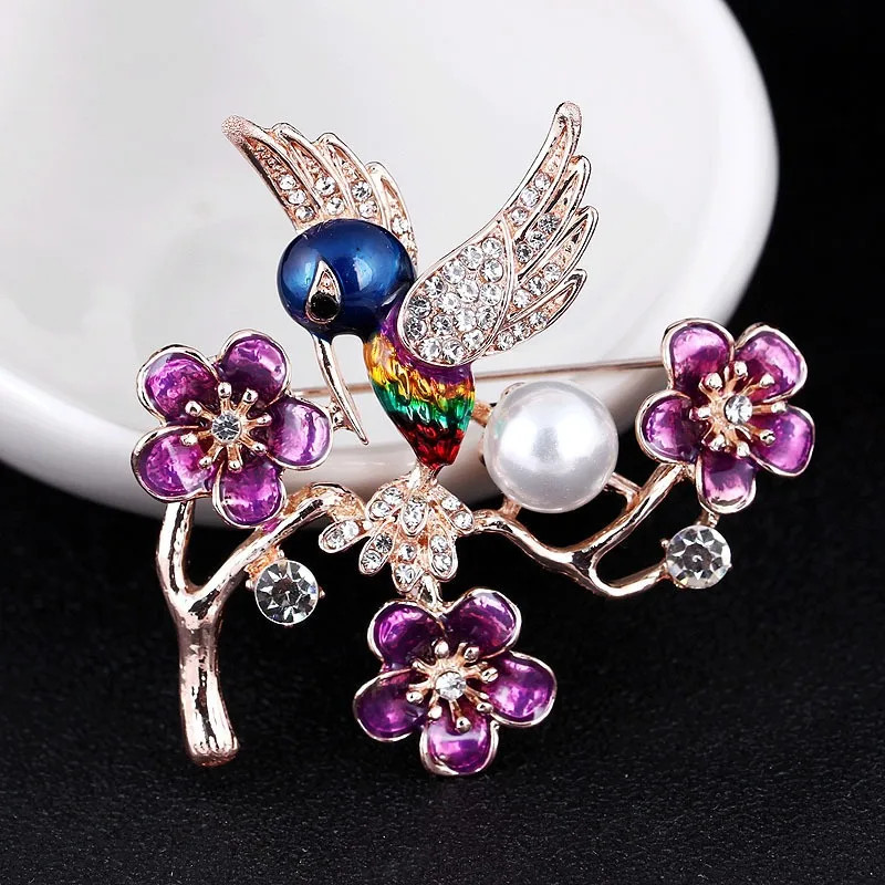 Enamel Alloy Plum Blossom Forest Songbirds Kingfisher Pearl Brooch Clothing Pin