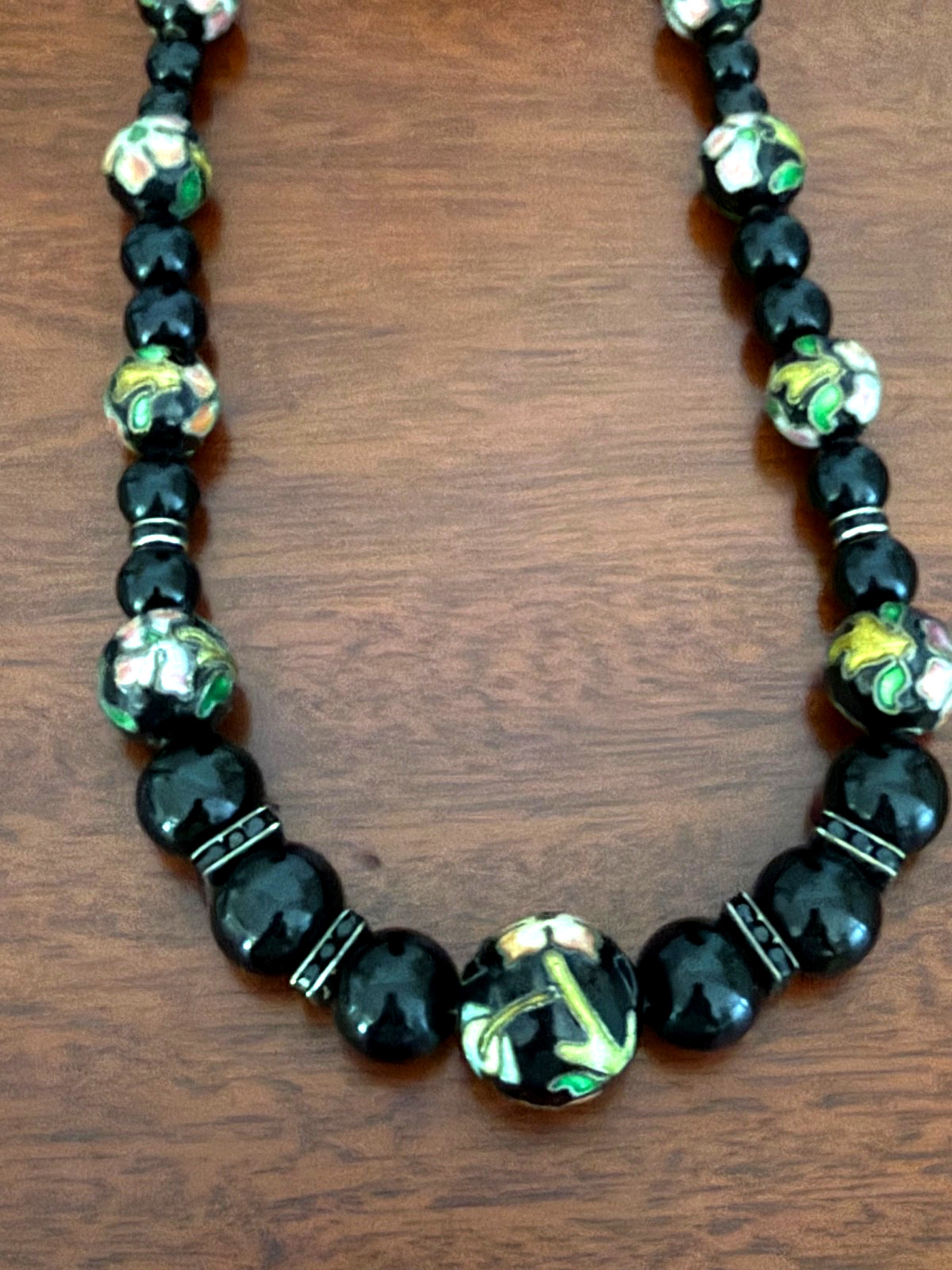 Vintage Black Glass Beads & Cloisonne Necklace Black Rhinestone Spacers 18 3/4″