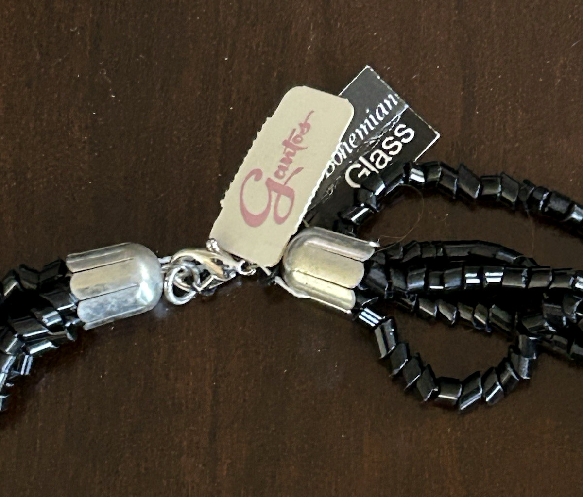 Vintage Black Glass Necklace Multi Five Strand Rhinestone Wrap Gantos Orig Tag