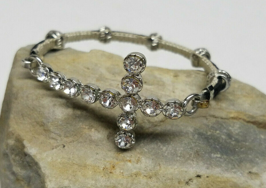 Lot of (4) Holy Cross Christian Charm Bracelets Beads Crystal Stretch Band NEW