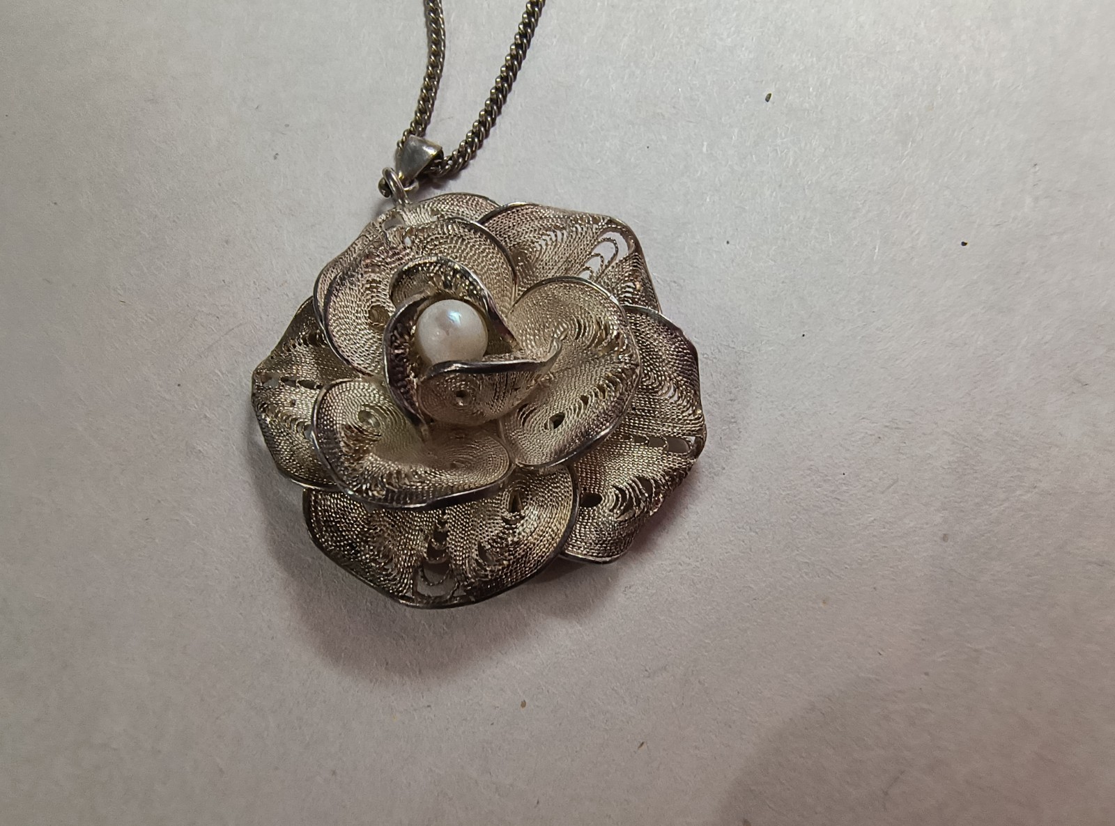 Vintage Sterling Silver Cannetille Filigree Flower Pendant + .925 Chain Necklace