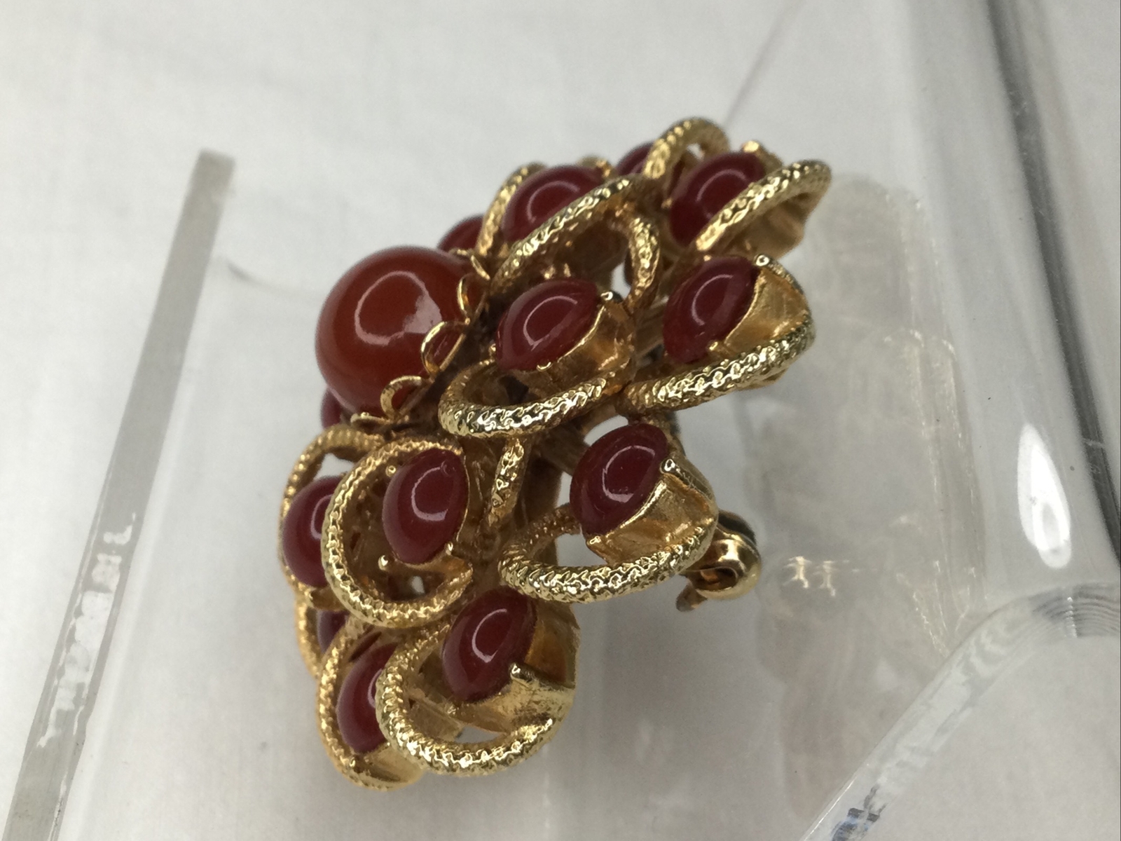 Vintage Sunburst Flower Swirl Brooch Pin Carnelian Goldtone 2” Multi Stone Retro