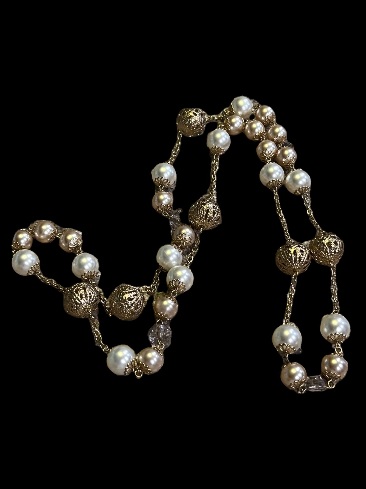 Vintage Gold Tone Necklace Open filagree beads white champagne faux pearls