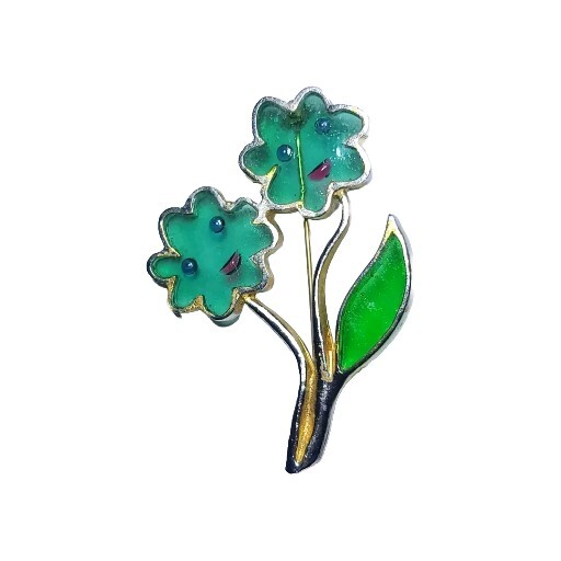 Enamel Flower Face Brooch by Joy Vintage Plique A Jour Green Stained Glass Resin