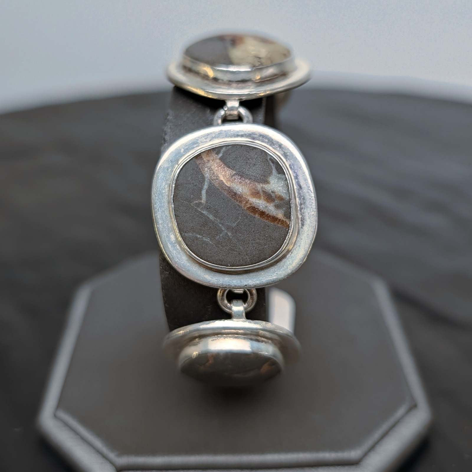 Vintage 925 Sterling Silver Bracelet+Linked Cabochon+Chunky Jasper Stone⭐