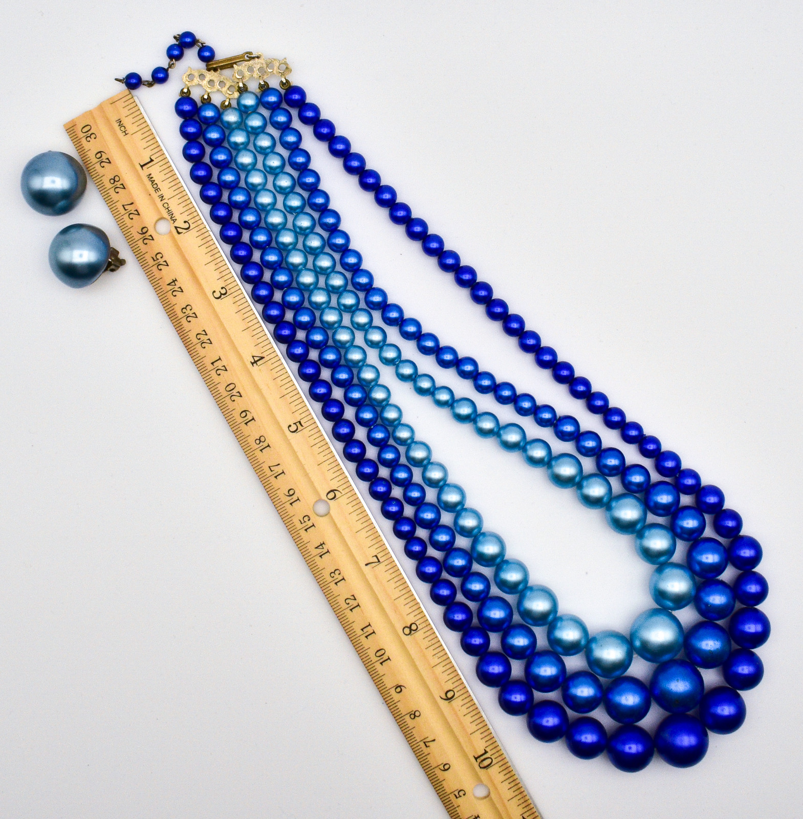 Blue 3 Strand Graduated Faux Pearl Necklace And Clip On Earrings Set Japan