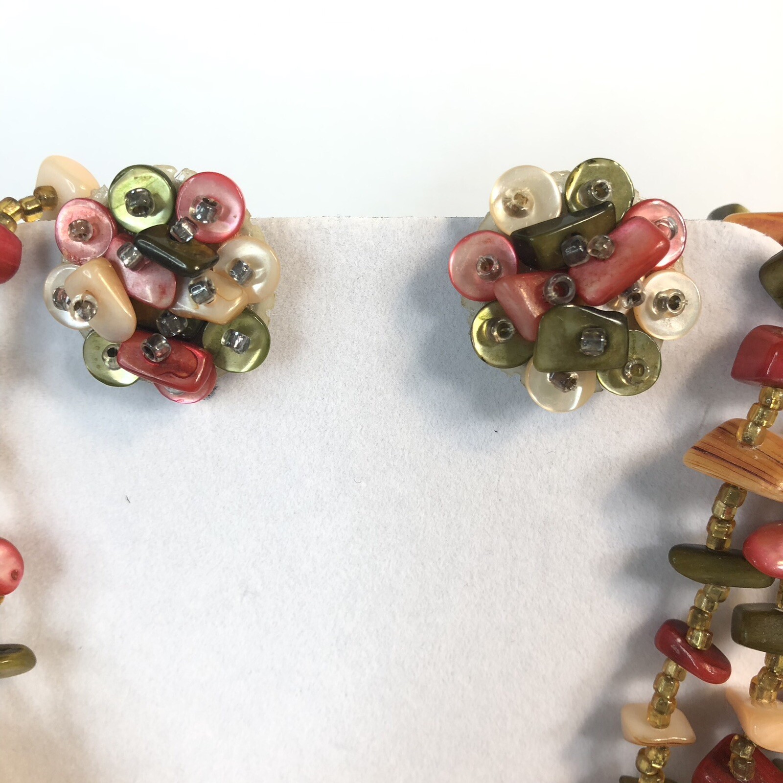 Vintage Japan 4 Strand Necklace and Earrings Dyed Abalone Shell Beads Clip Back