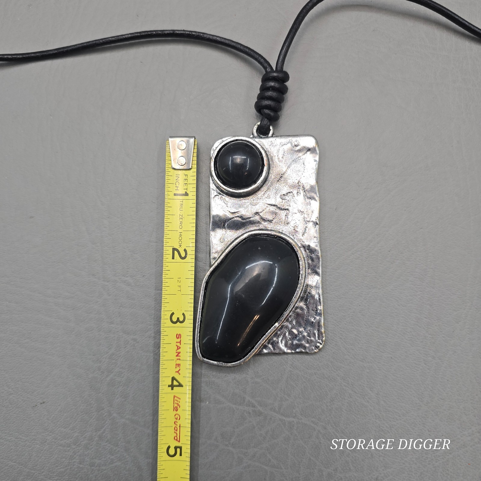 Vintage Silver Tone Metal with Black Onyx Pendant on Cord Necklace 31″ Long