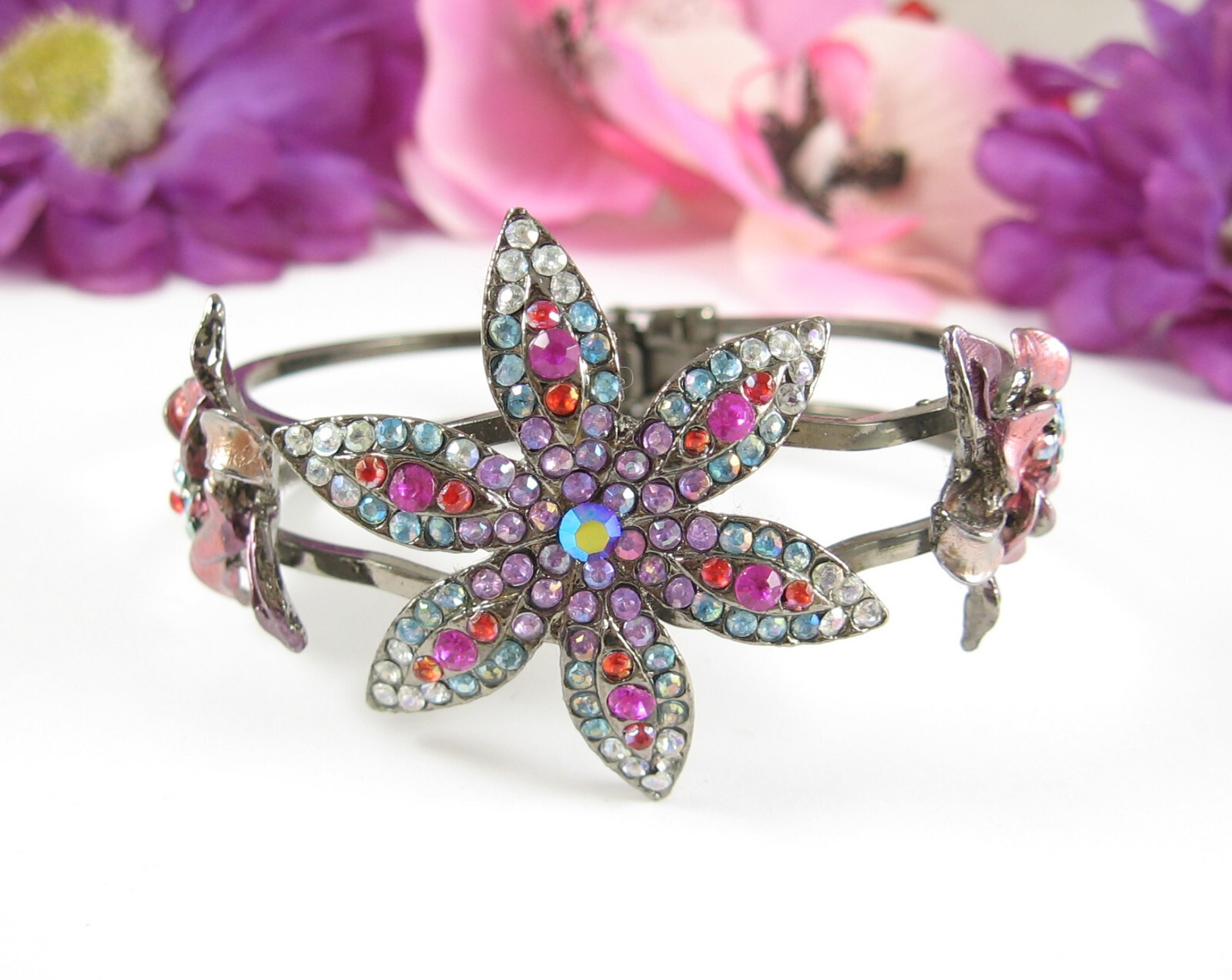 Color RHINESTONE CLAMPER BRACELET Vintage Flowers Pink Purple Gunmetal Gray