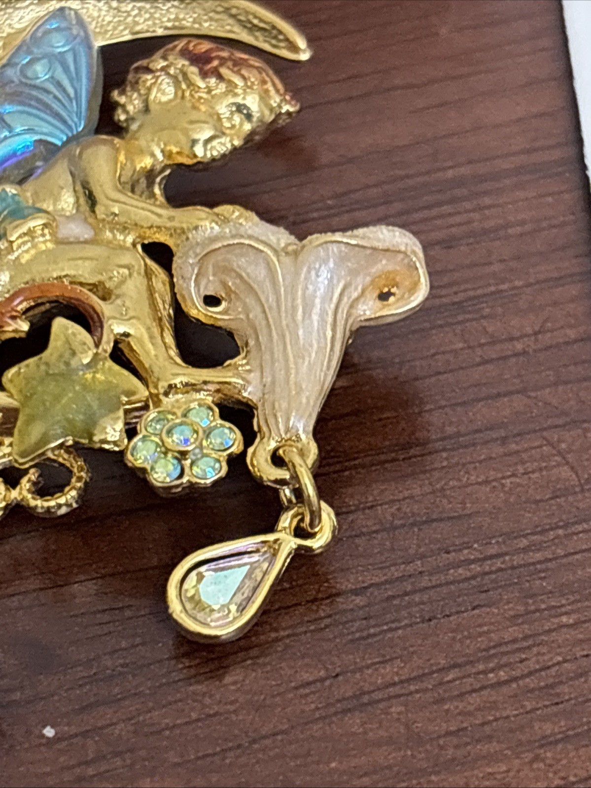 Vintage Kirks Folly Gold Fairy on Crescent Moon Dangle Brooch w Charms 2″
