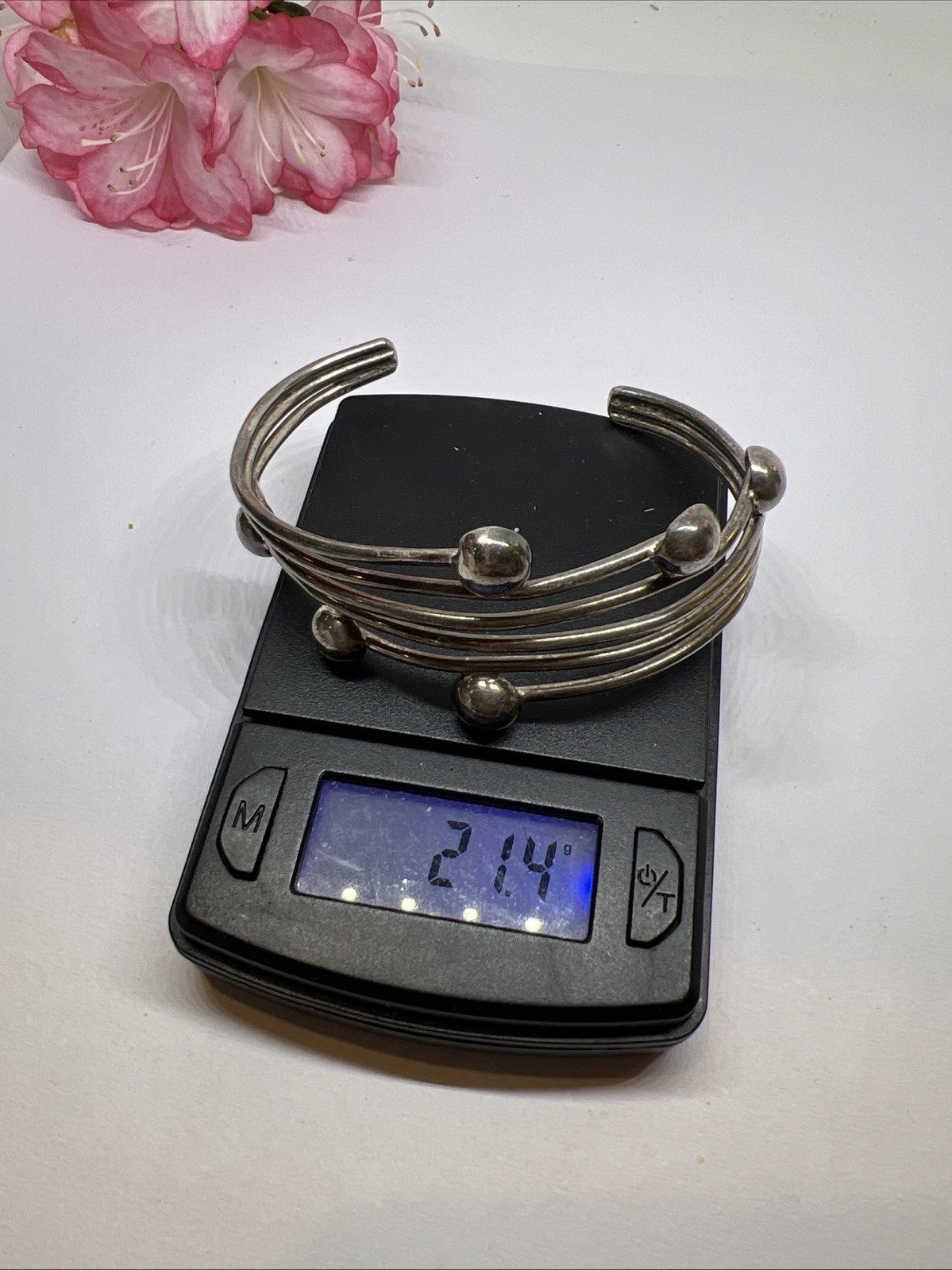 Vintage Signed 925 Multi-Wire Open Cuff Bracelet w/ Silver Balls 21.4g