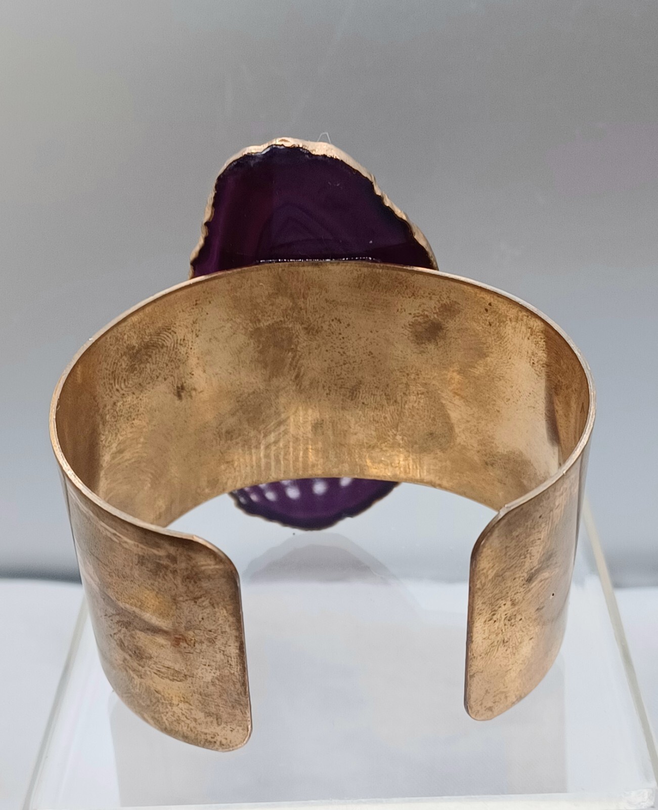 Purple Geode Cuff Bracelet Brass Wide Violet Purple Stone Handmade Statement 6.5