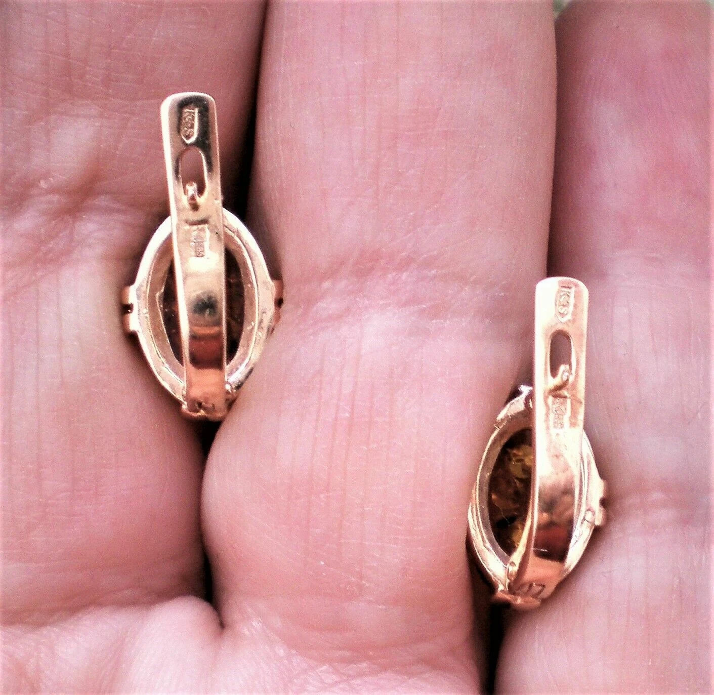 East European Solid 14K 585 Rose Pink Gold Baltic Honey Amber Pierced Earrings