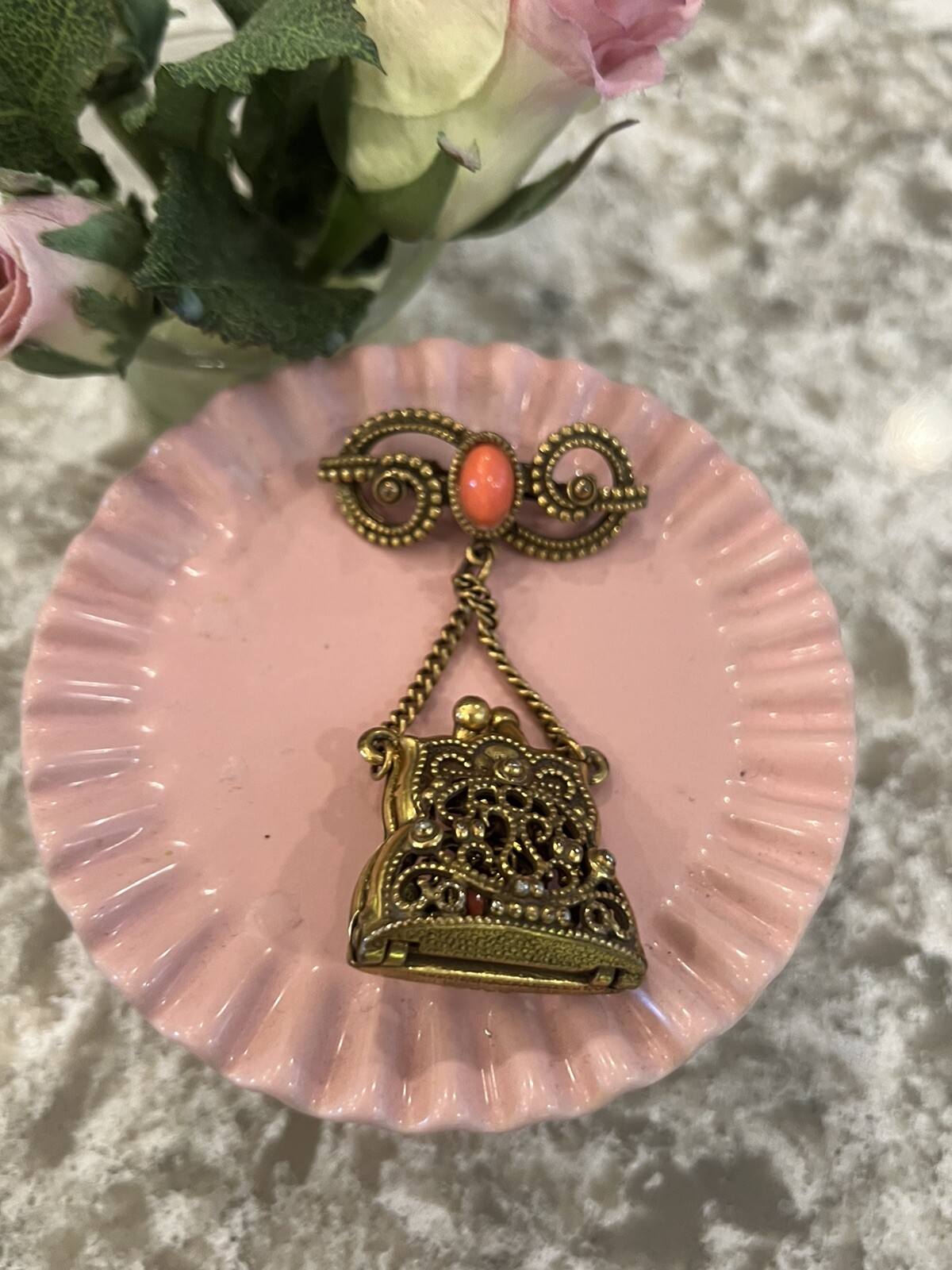 Pin Brooch Filigree Purse Coral Color Stone Dangle Pin