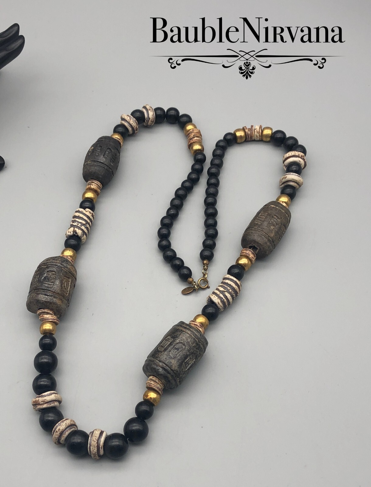 Vintage Cadoro 1980s Chunky Heavy Tribal Ceramic Wood & Brass Bead Necklace