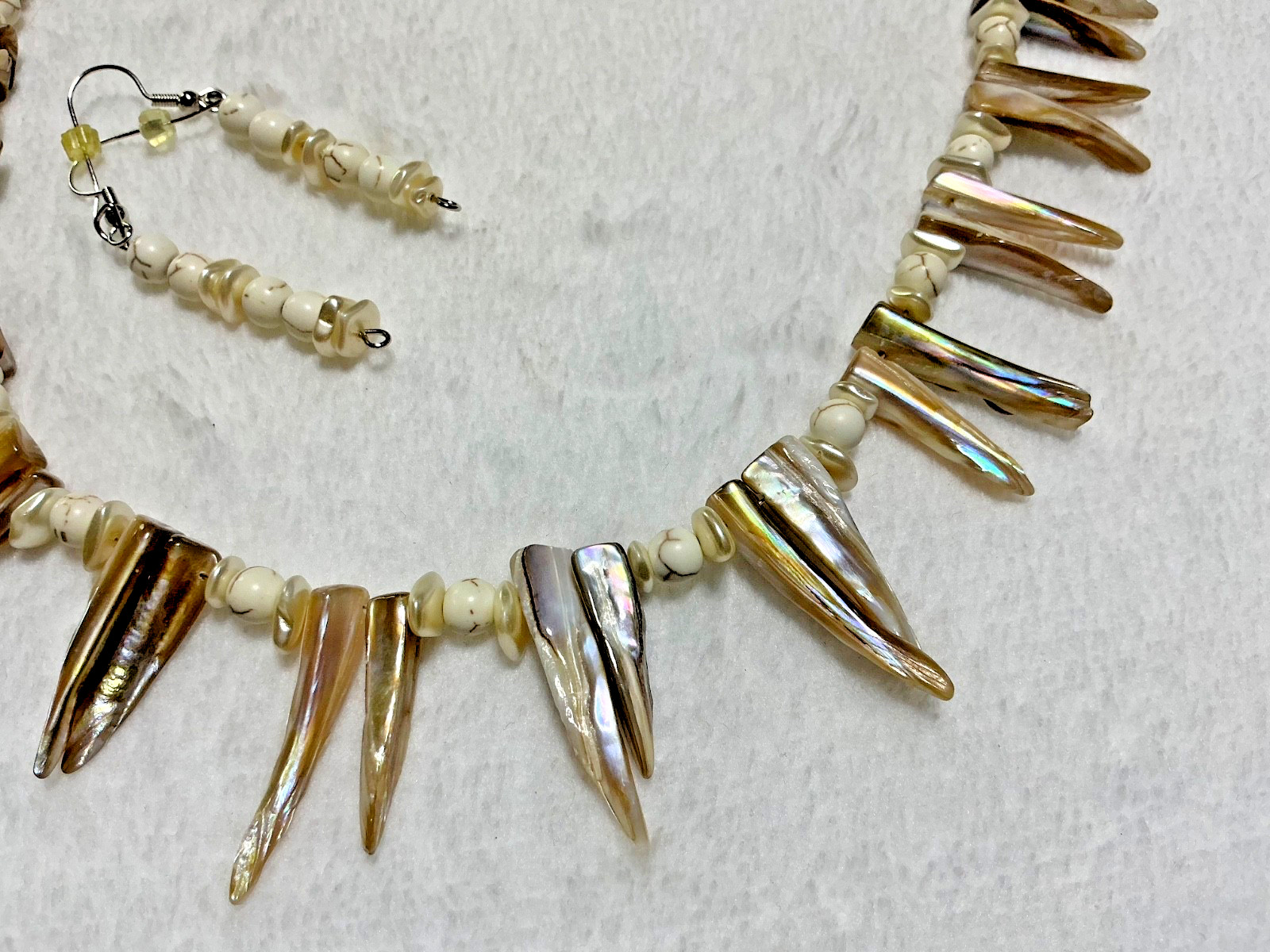 Vintage Handmade Abalone Shell Spikes Beaded Necklace Earring Set