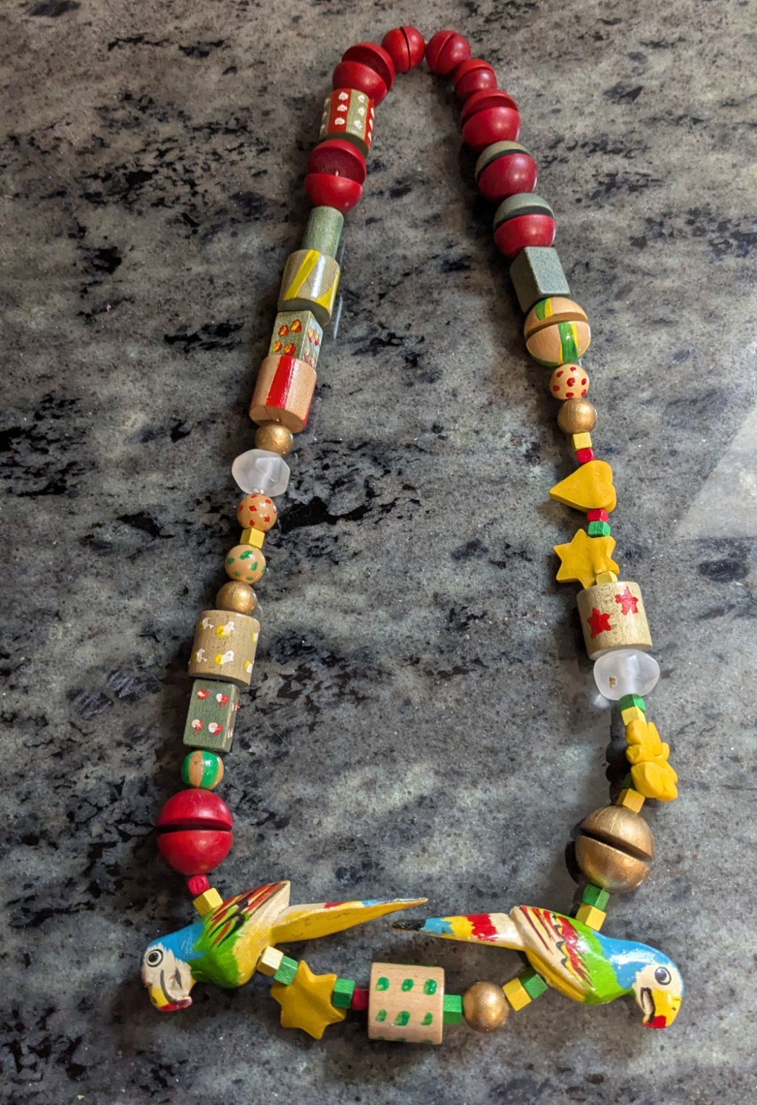 Vintage 1970 Parrot Carved Bird Tropical Theme Necklace Wood Beads Hand Painted
