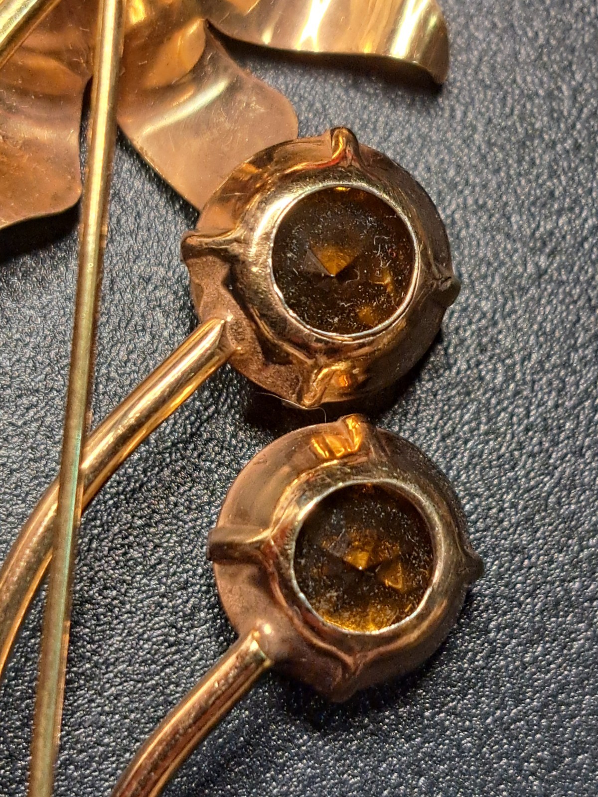 Huge 4″ Sterling Silver Gold Wash Flower Brooch Pin Amber Citrine Glass 16 Grams