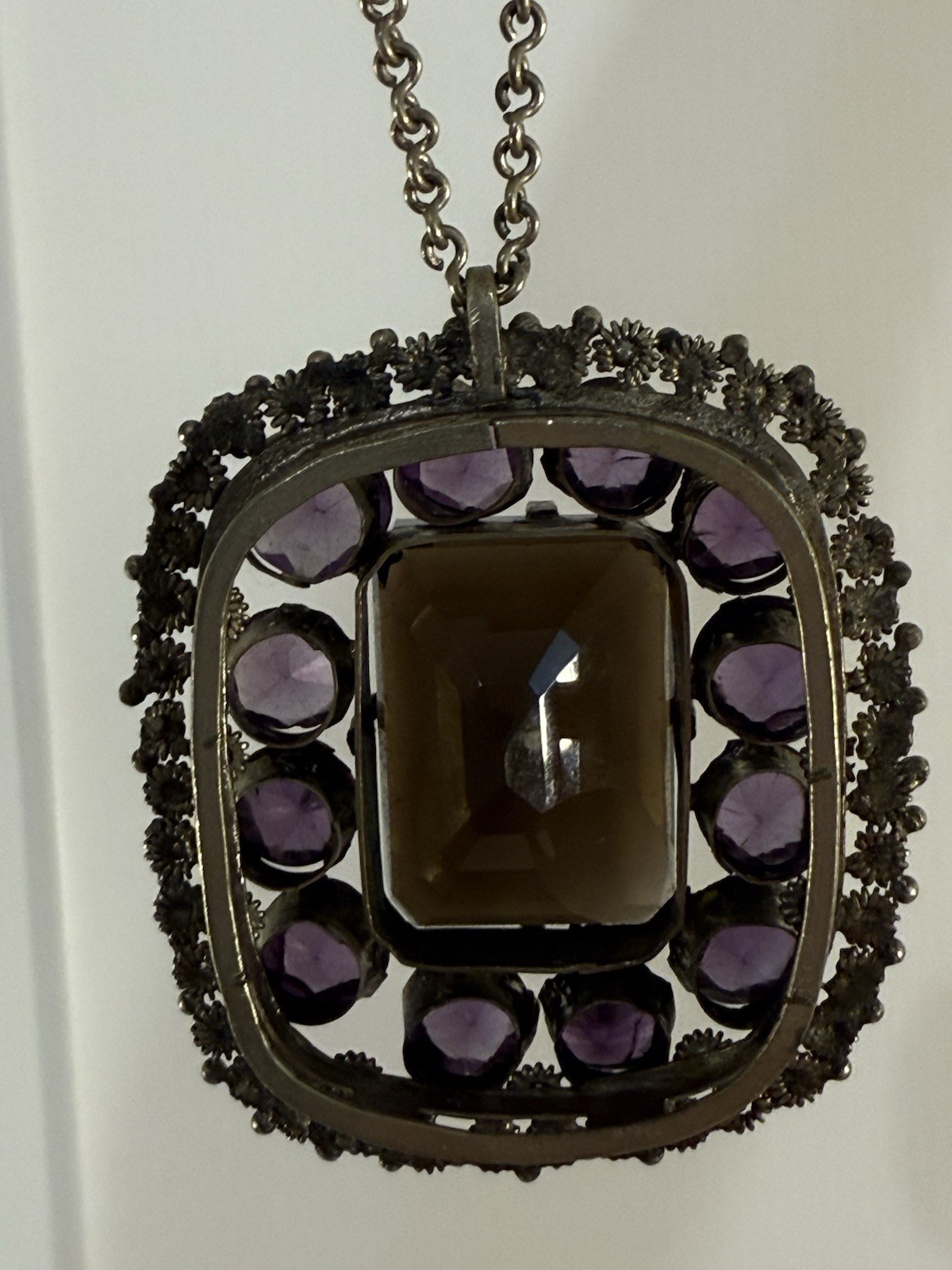 Vintage Thai Amethyst Smoky Quartz Pendant Large Statement Necklace