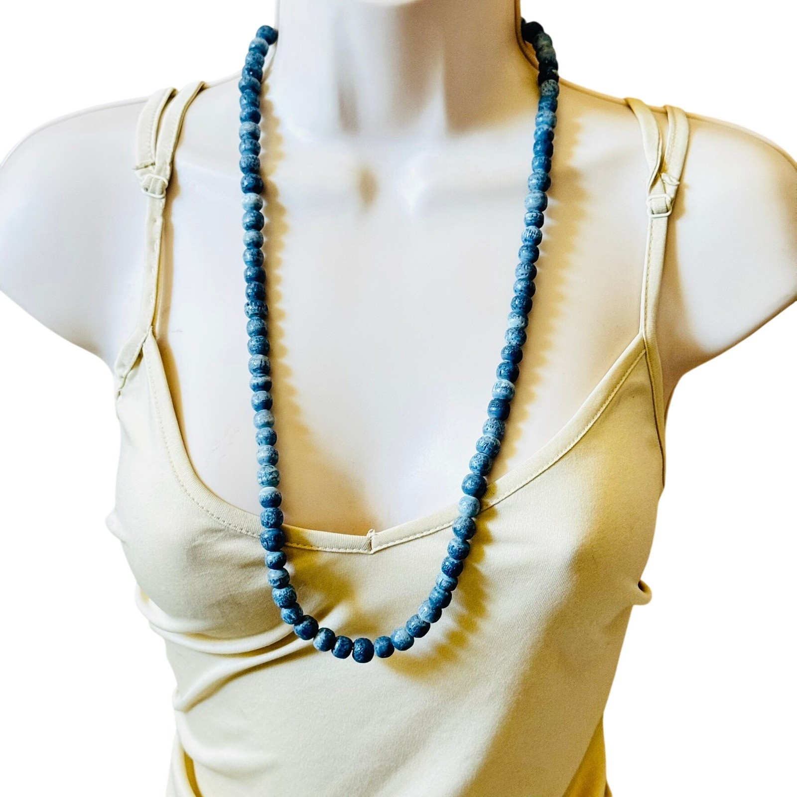 VTG Blue Sponge Coral Beaded Necklace BOHO Genuine Real Round Beads 86g 30″