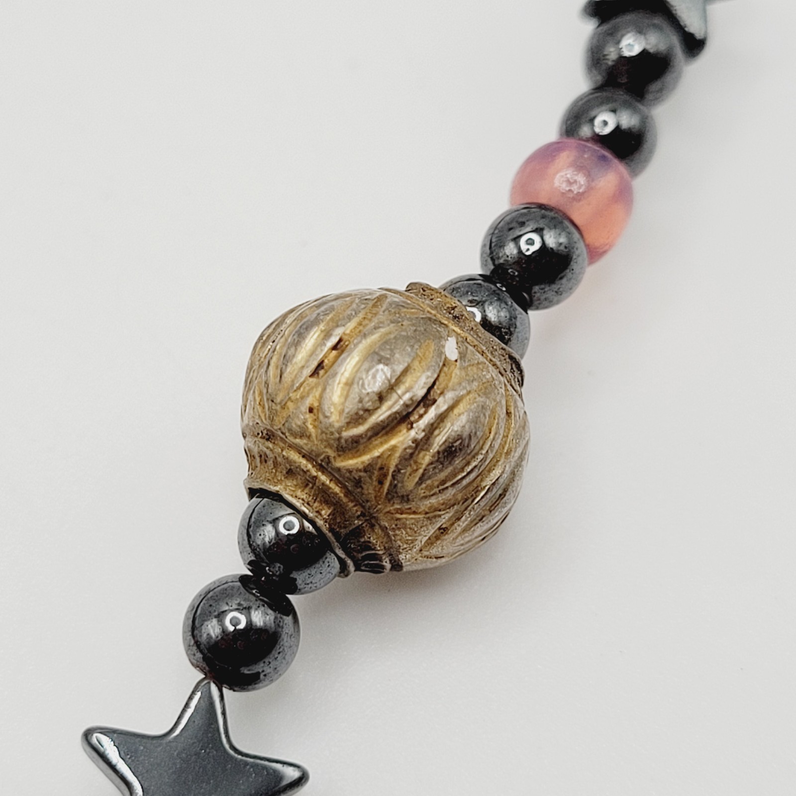 Celestial Sun Stars Black Hematine Bead Pendant Gold Tone Cone Ends Necklace
