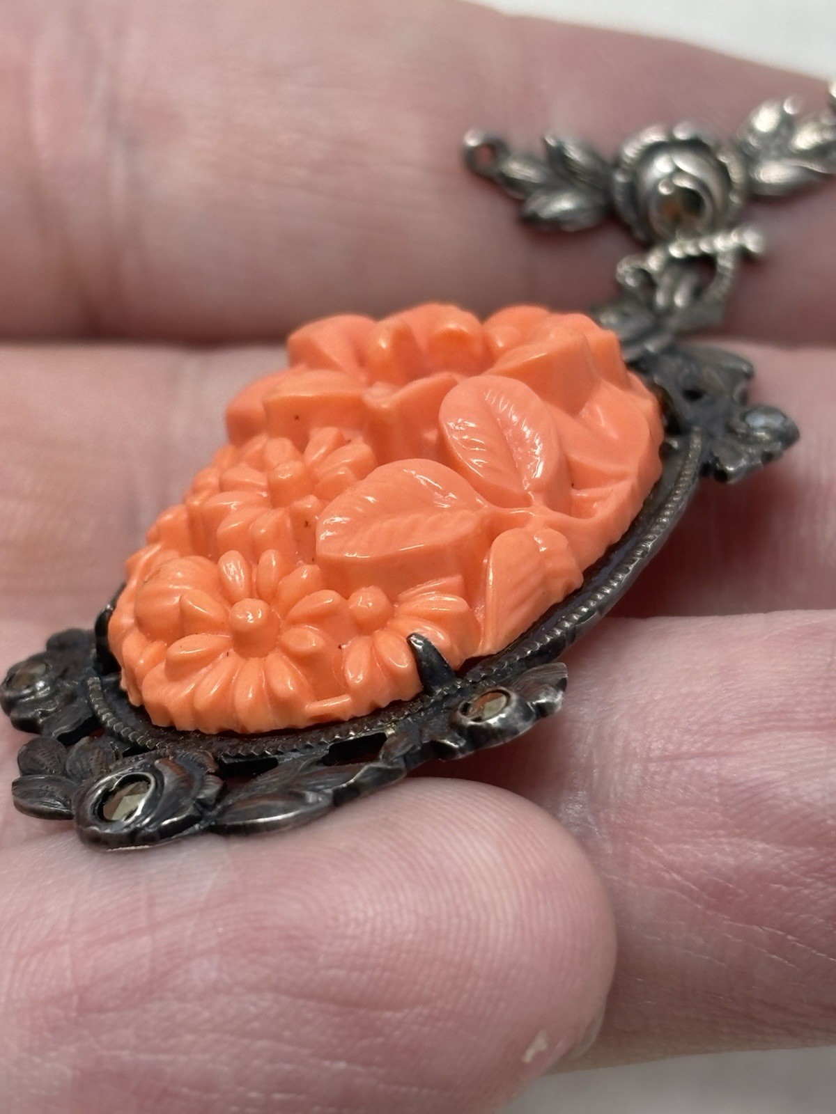 Art Deco Molded Glass Coral Marcasite Pendant Flower Design