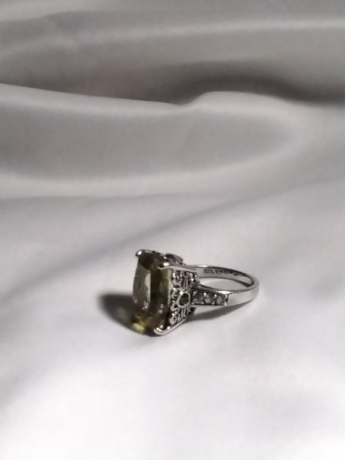 Vintage Lg. Pale Citrine Cushion Cut RING With Ornate Sterling Band Size 7.75