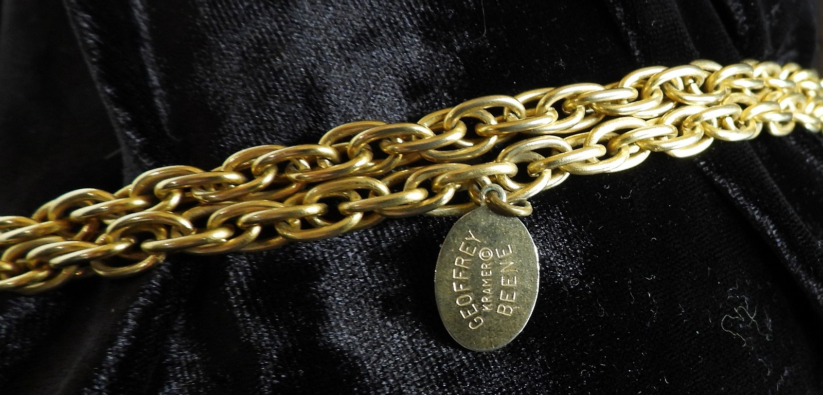 Vintage GEOFFREY BEENE Kramer Long Gold Tone Chain w Red Blue Green Pearl Beads