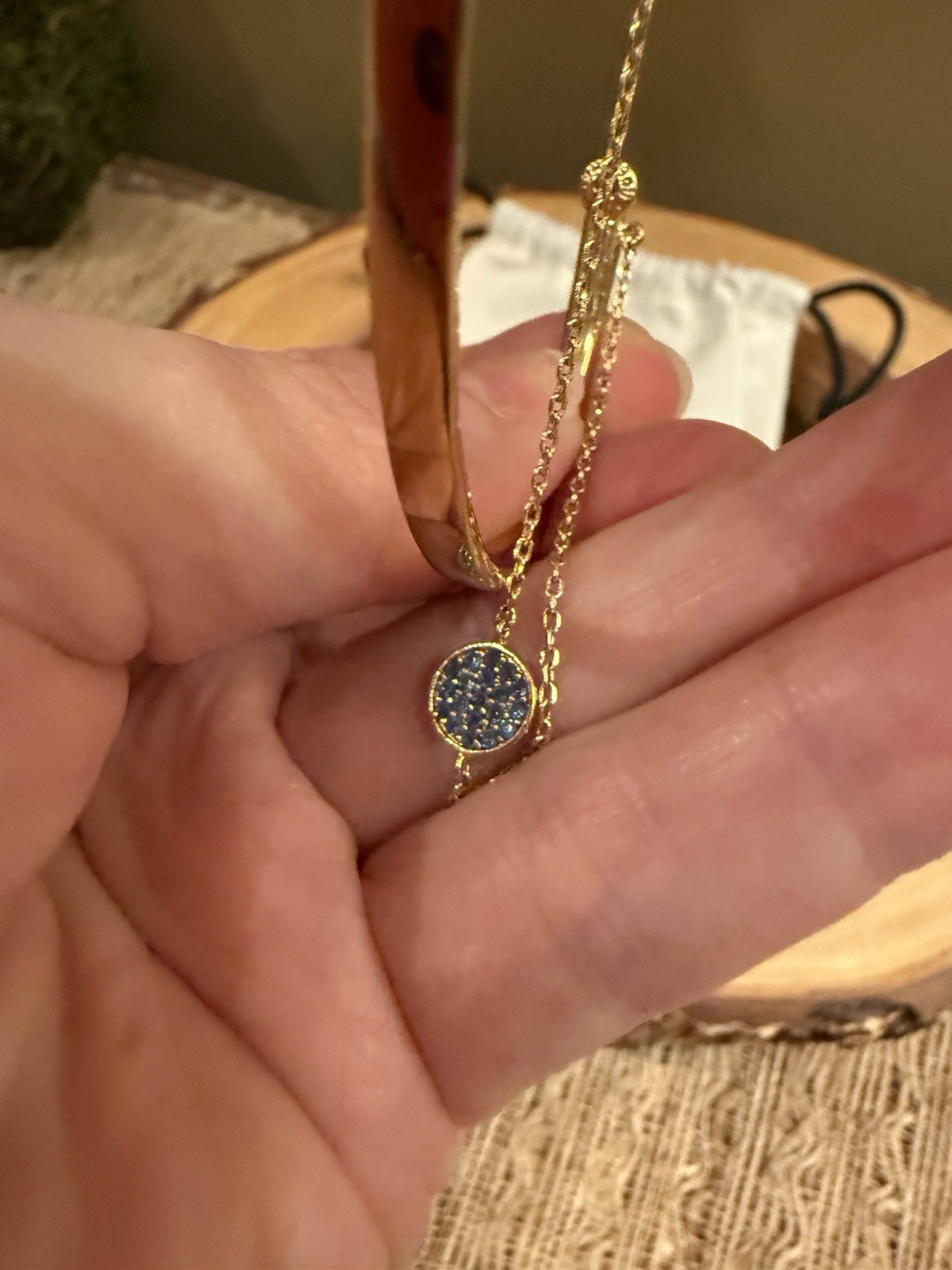 Henri bendel Gold Plated Petite Bangle Bracelet Blue Crystal Charm Safety Clasp