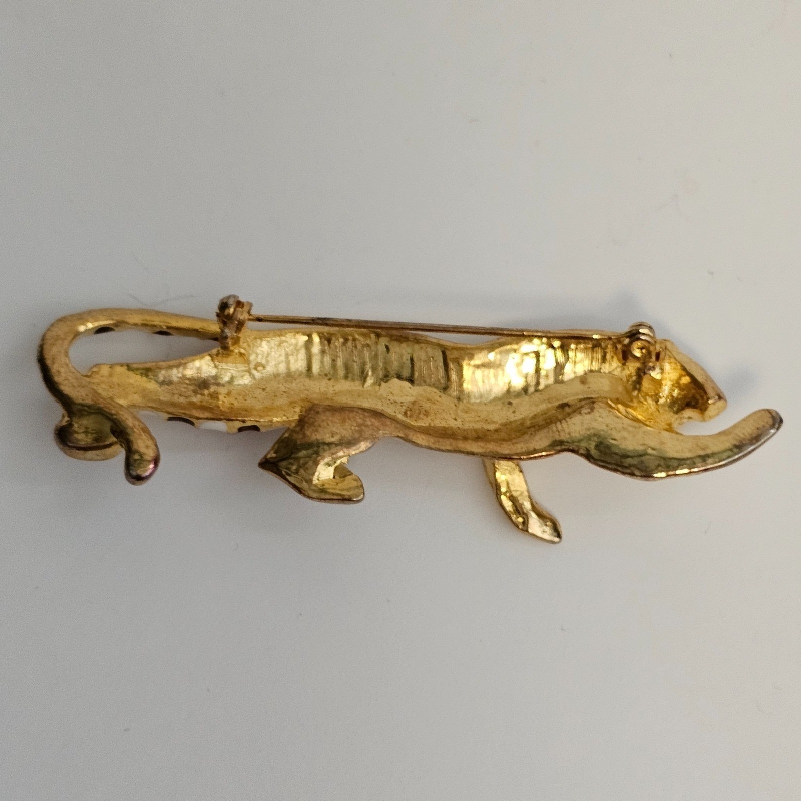Vintage Gold Tone Enameled Panther White Brown Shimmer Brooch Pin
