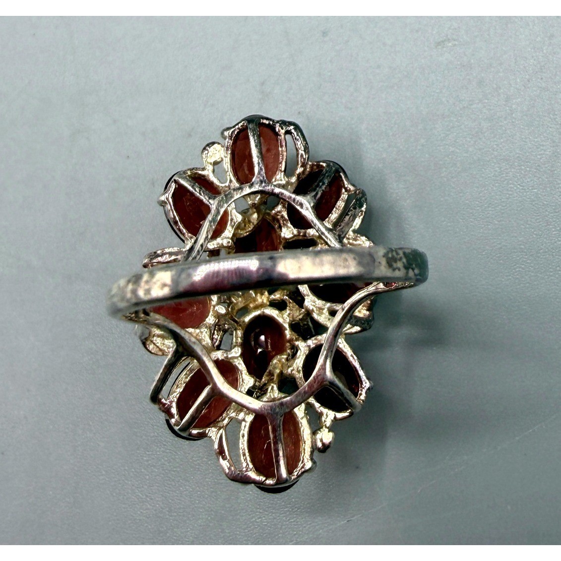 Vtg 925 Sterling Silver Garnet Floral Cluster Statement Cocktail Ring Sz 7.75