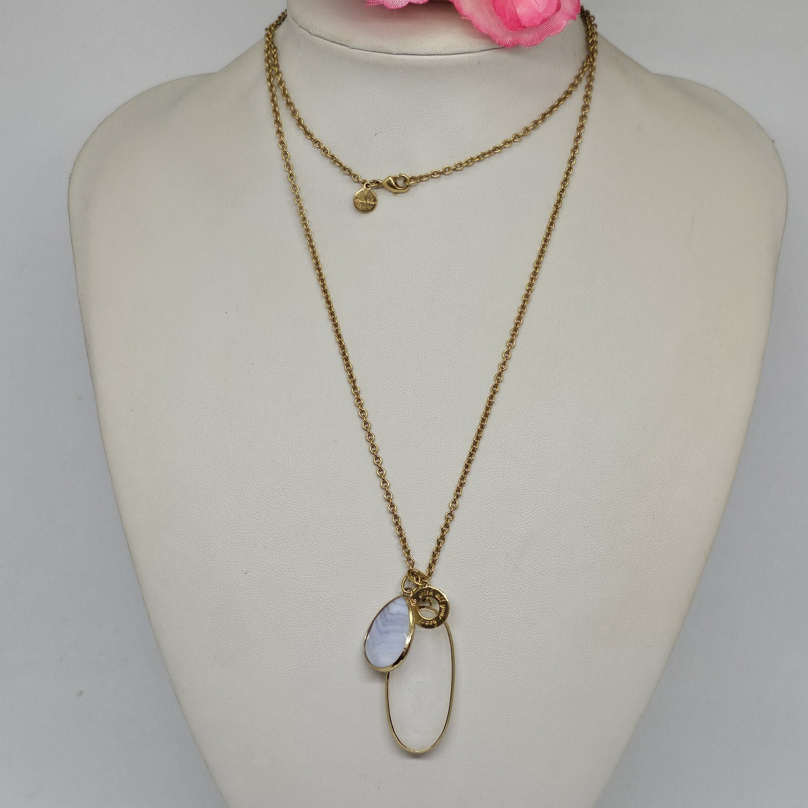 STELLA & DOT Gold Pink Blue Agate stone Charm Pendant Chain Necklace