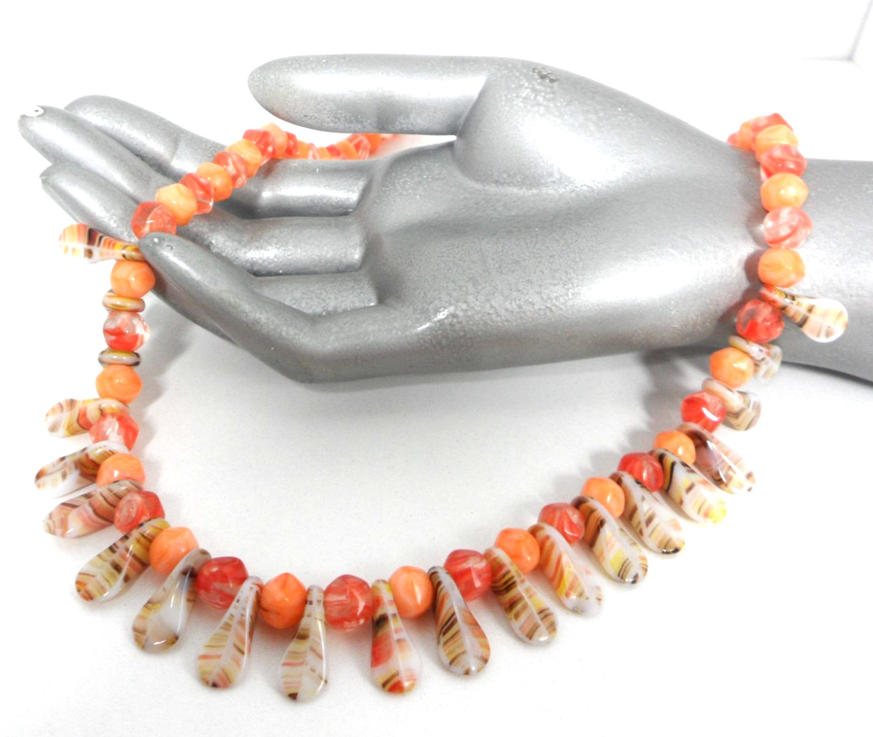 Art Glass Bead Necklace Fringe Drops Vintage Coral Orange Stripes Granny Core