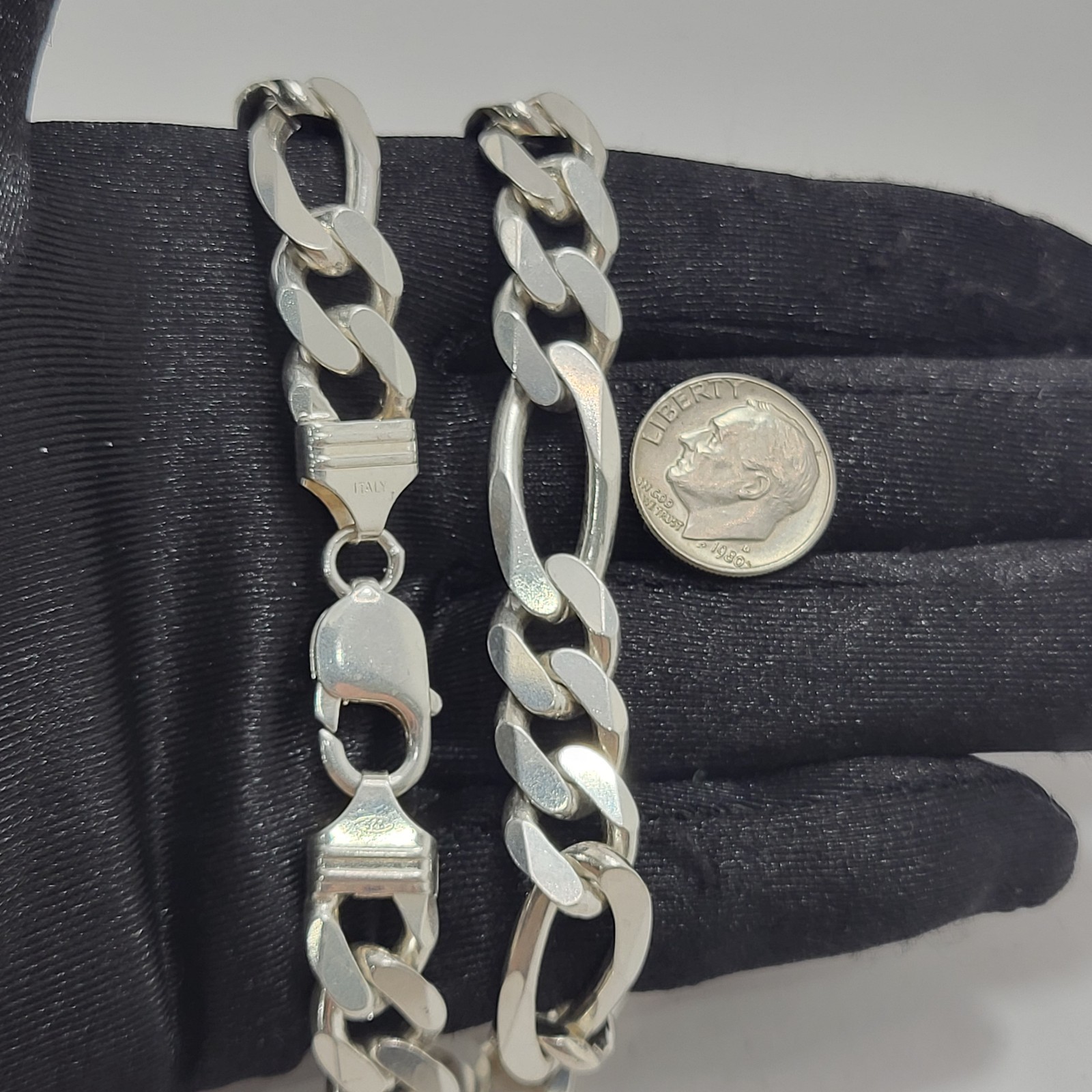 Vintage Italy Figaro Chain Necklace Rhodium Plate 20″ Sterling 89 Grams 11 mm