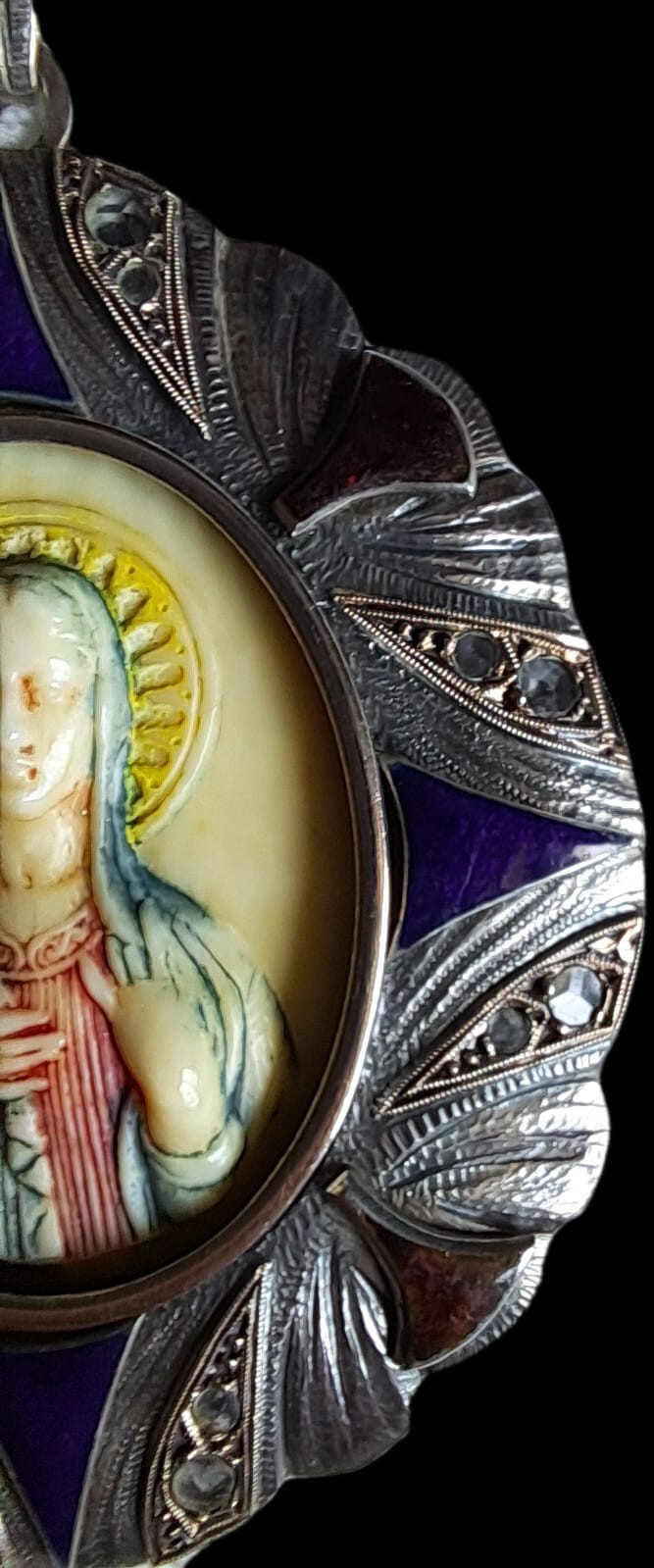 Fine Antique Art Nouveau Silver Gold Enamel Virgin Mary Madonna Pendant Ca 1900