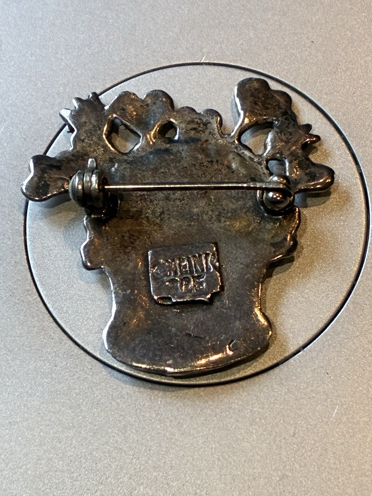 Meink Signed 925 Sterling Silver Brooch Basket of Hearts and Flowers