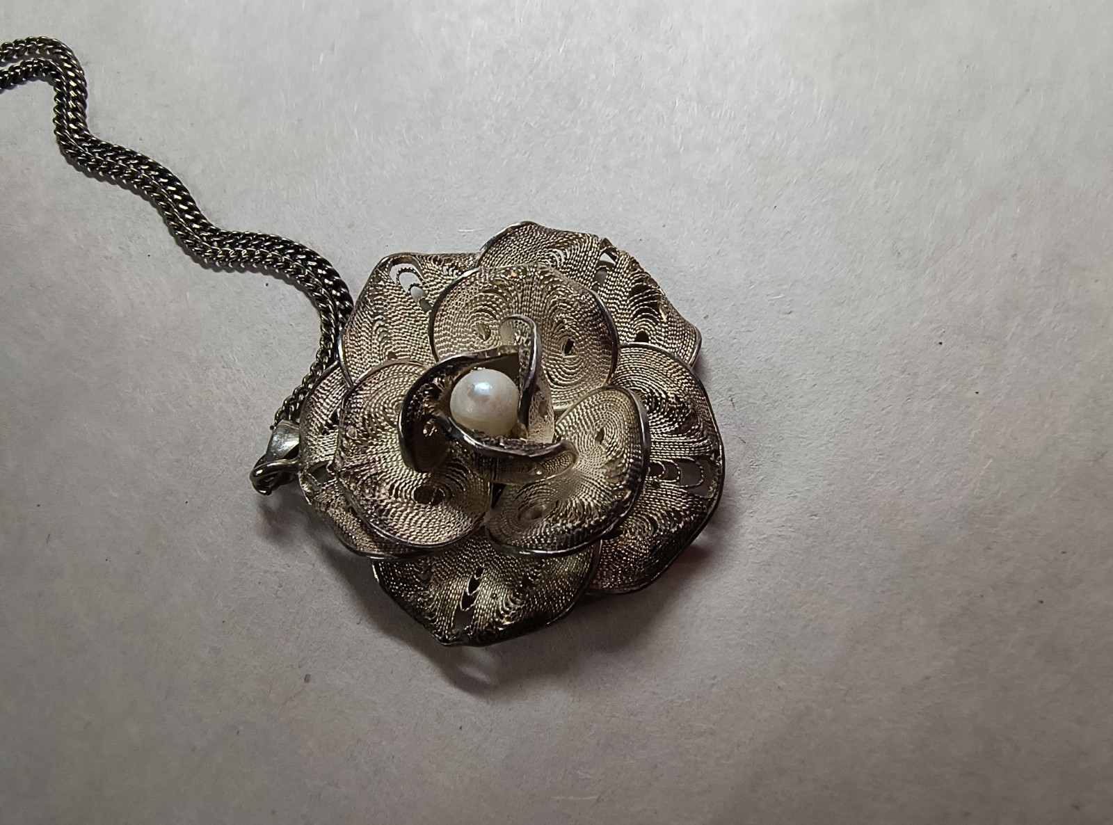 Vintage Sterling Silver Cannetille Filigree Flower Pendant + .925 Chain Necklace