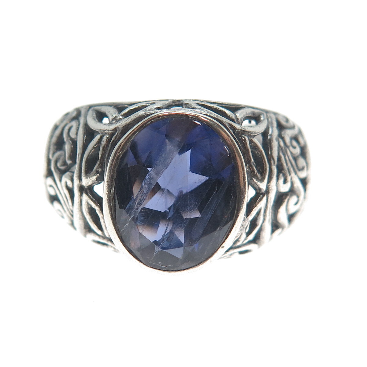 925 Sterling Silver Vintage Real Iolite Gemstone Ornate Oxidized Ring Size 6