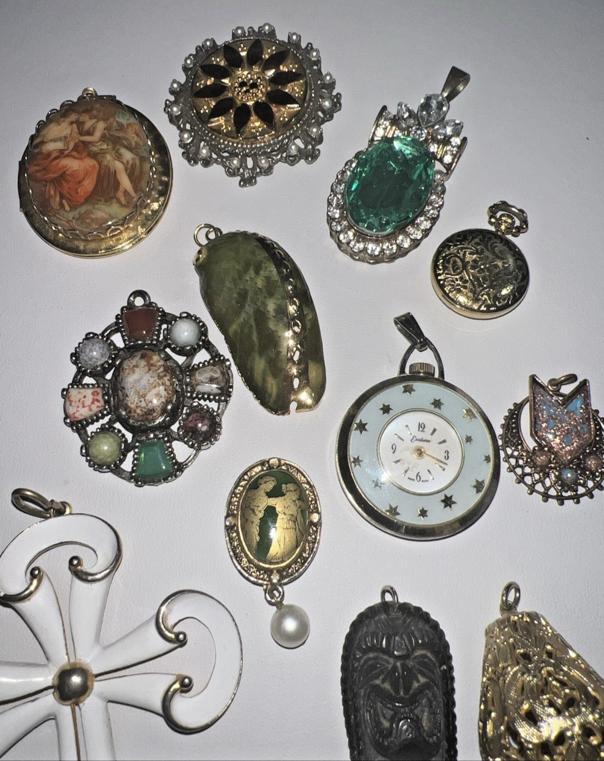 Vintage Unique Large Pendant Lot Cross Cameo Locket Watch Shell Stone Crystal