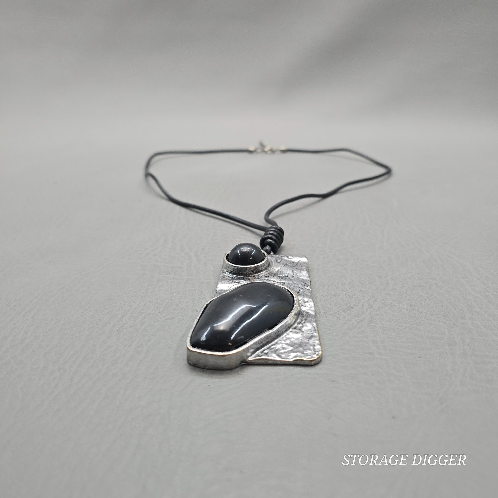Vintage Silver Tone Metal with Black Onyx Pendant on Cord Necklace 31″ Long