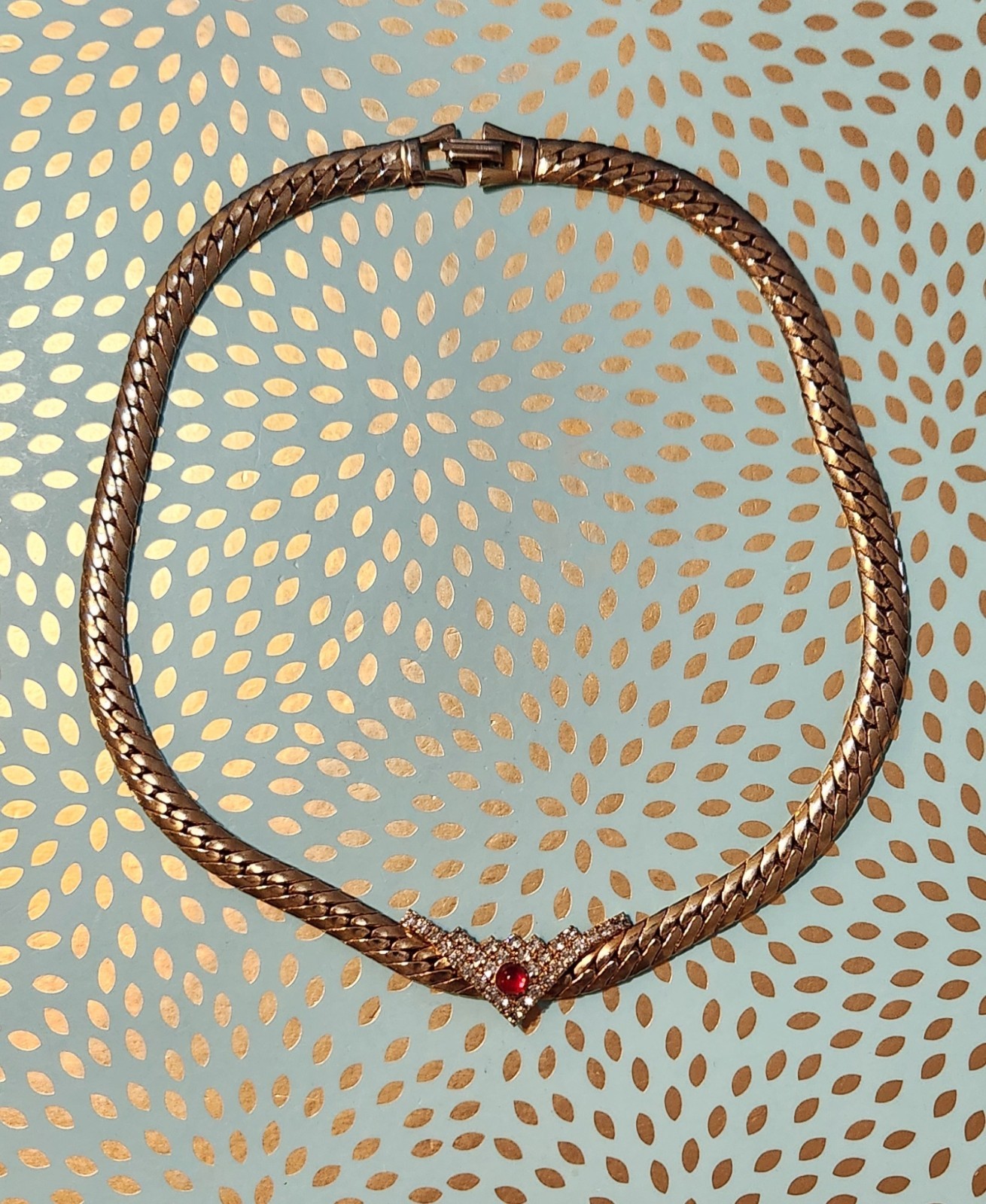 Flat Gold-toned Necklace V Shape Rhinestones Station Pendant & A Red Dot Glass