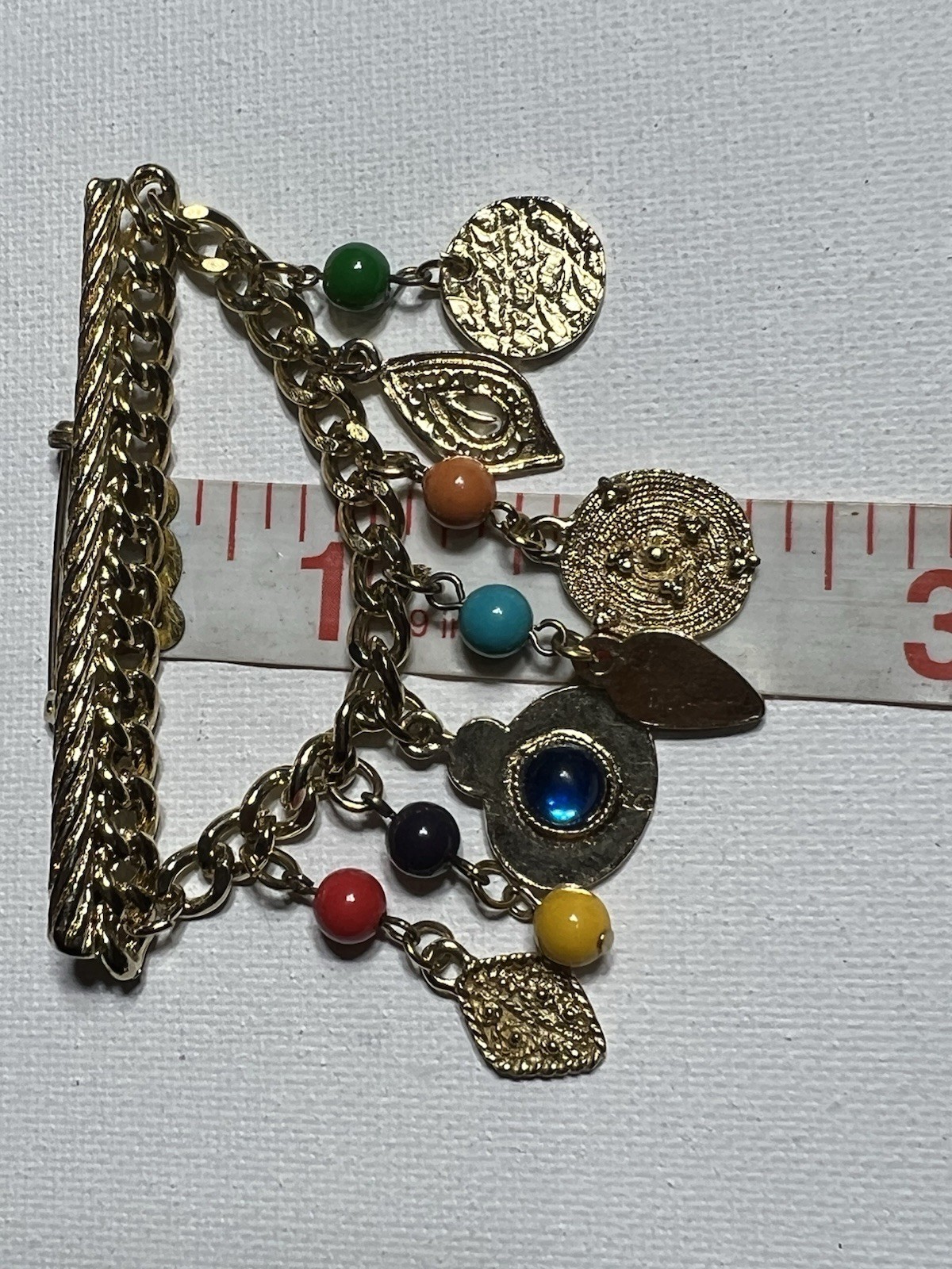 Dangle Bar Brooch Pin Gold Tone Assorted Gemstone charms Retro Vintage beaded
