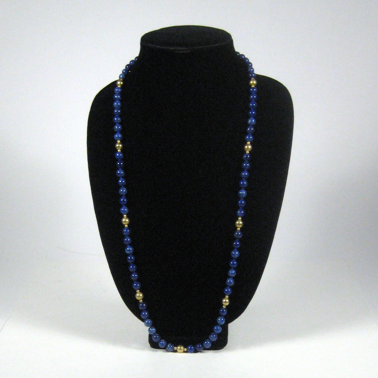 Blue Glass Beaded Necklace 34 inch Strand Hand Knotted Goldtone NO CLASP