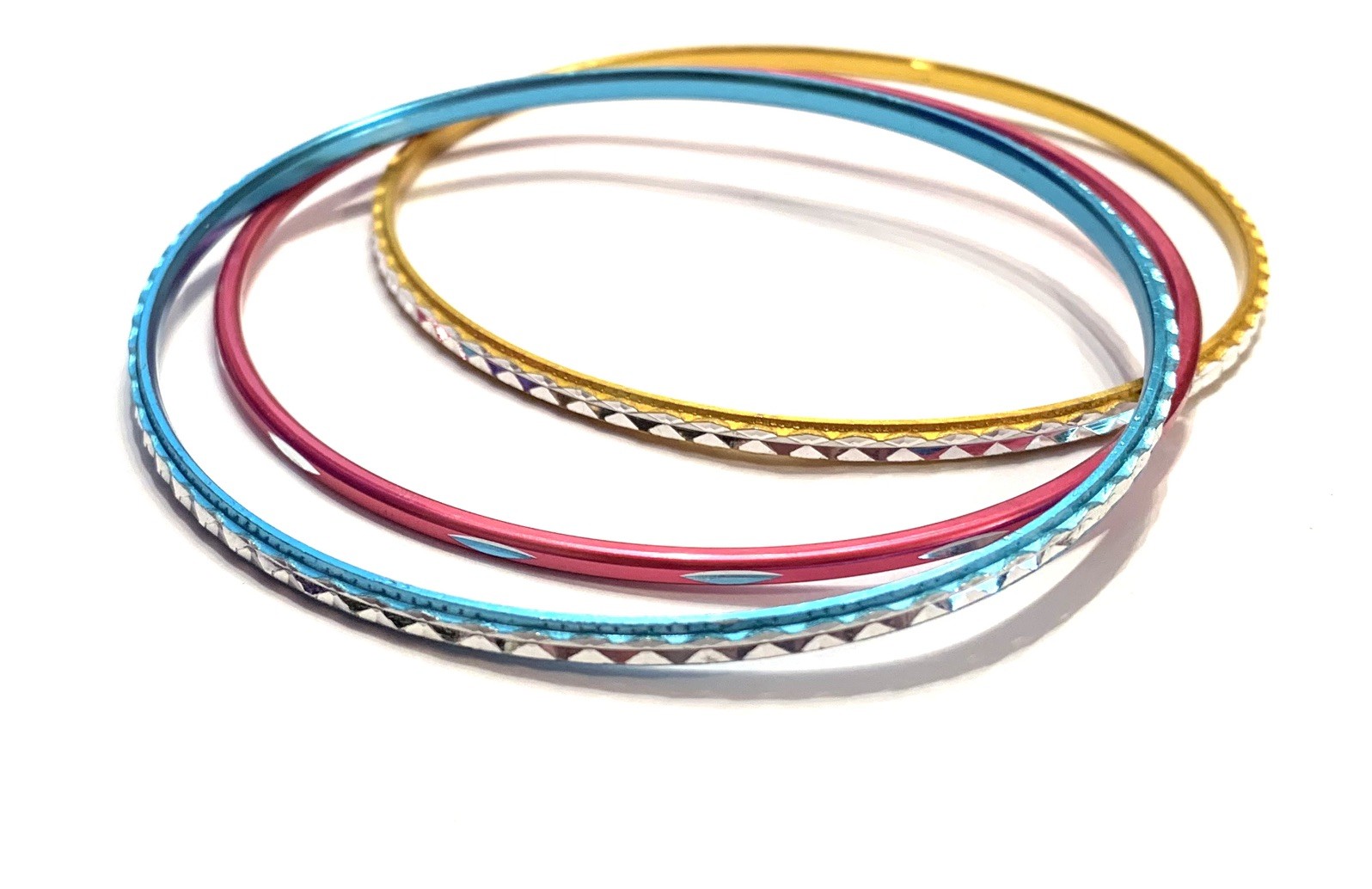 Vintage Aluminum Set 3 Bangle Bracelets Diamond Cut Design Aqua, Fuchsia,Yellow