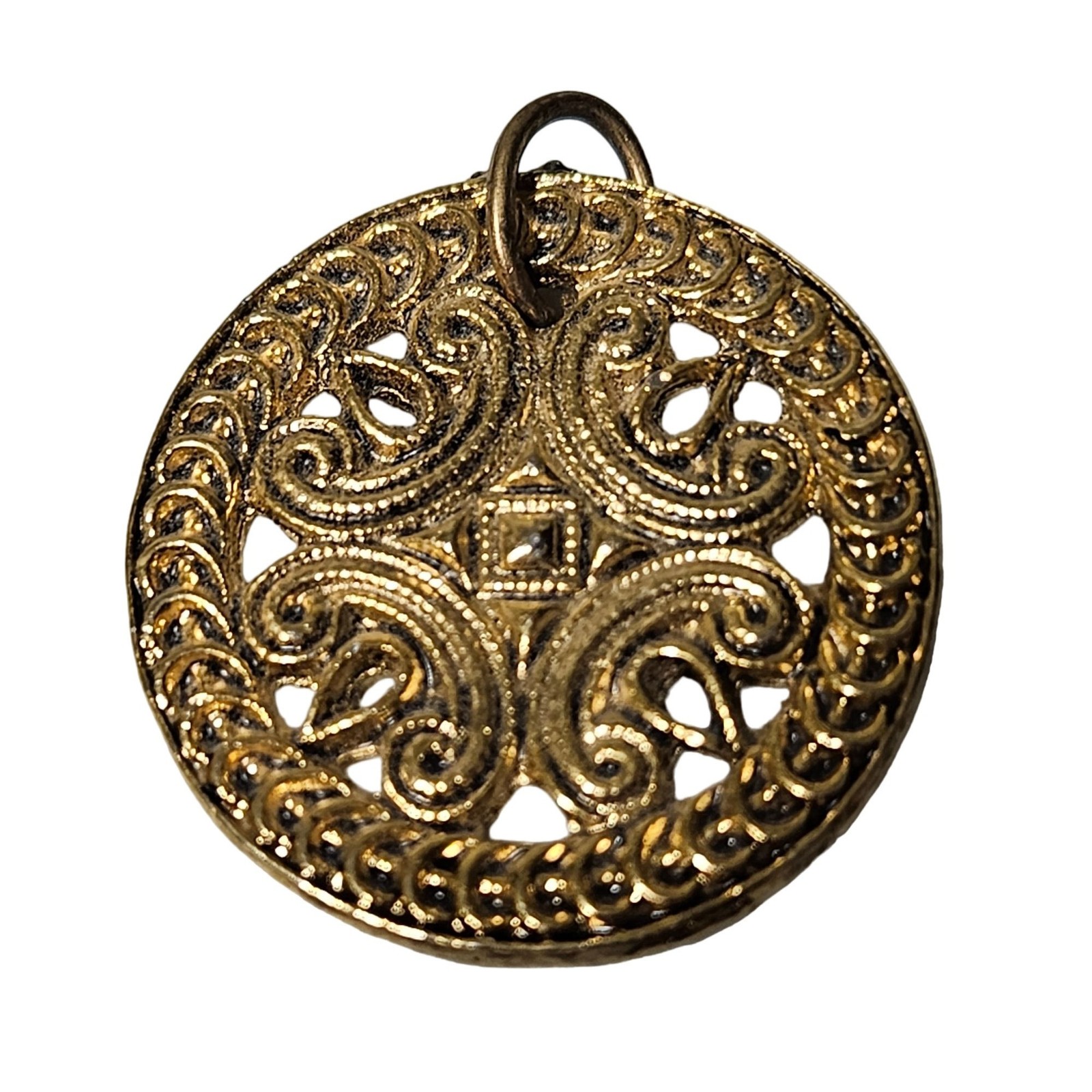Vintage Gold Tone Filigree Medallion Pendant Statement Spiritual Fashion Jewelry
